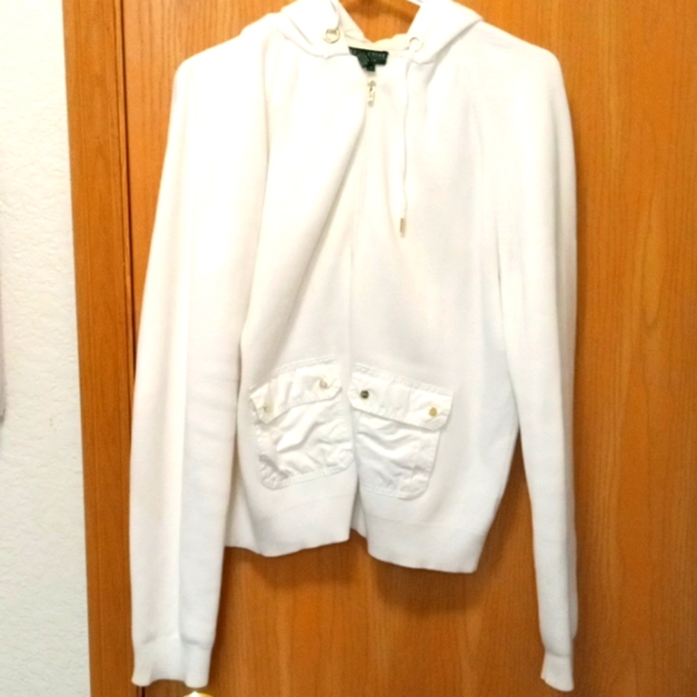 White Ralph Lauren jacket with hood.